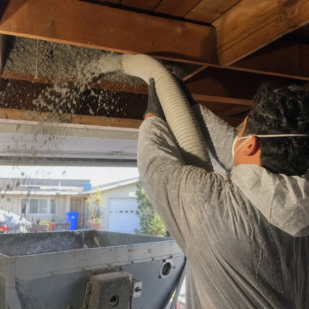 Professional contractor installing blown-in attic insulation with a pneumatic hose
