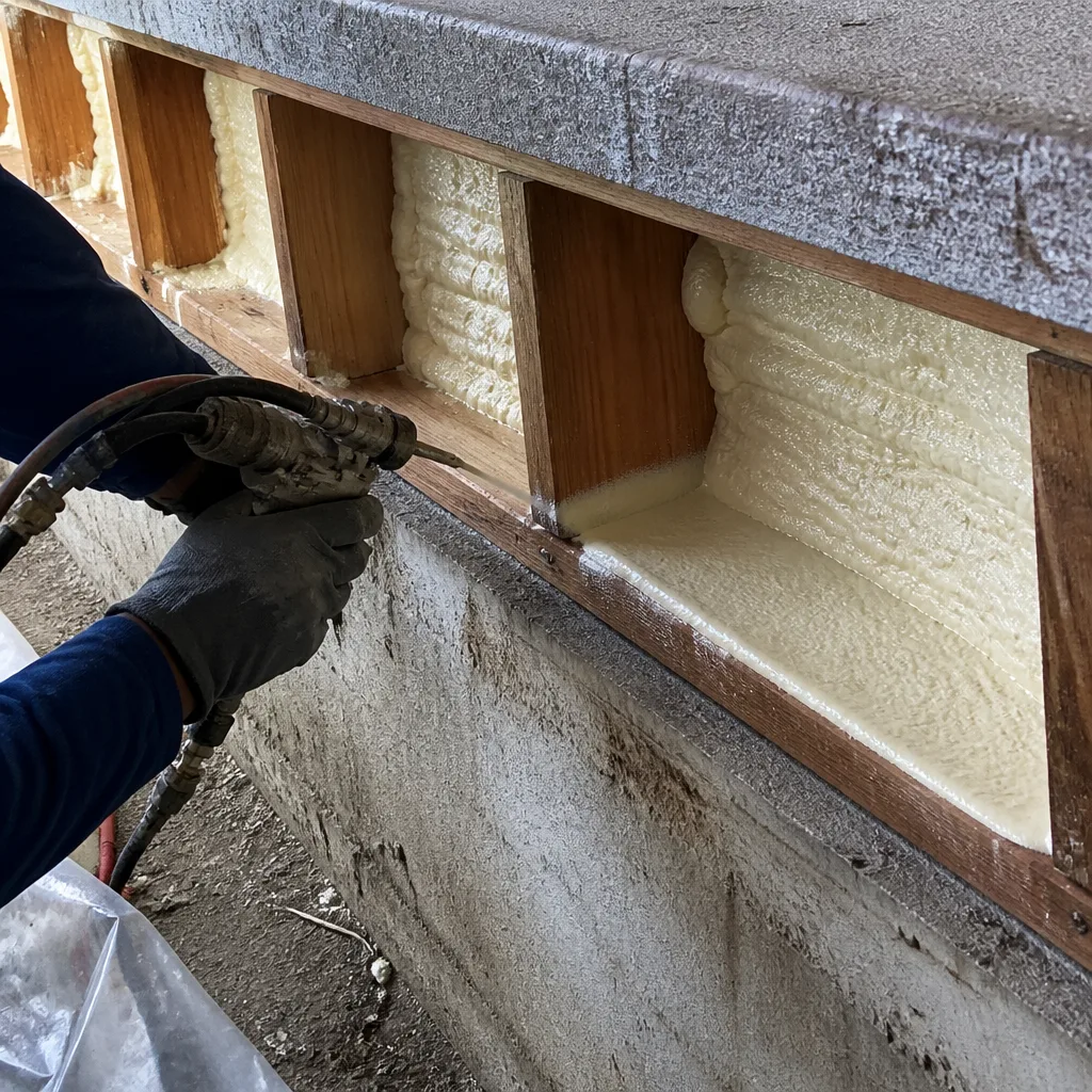 Worker applying professional spray foam insulation to residential wall framing