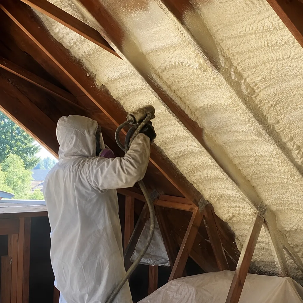 Contractor applying spray foam insulation to residential roof rafters