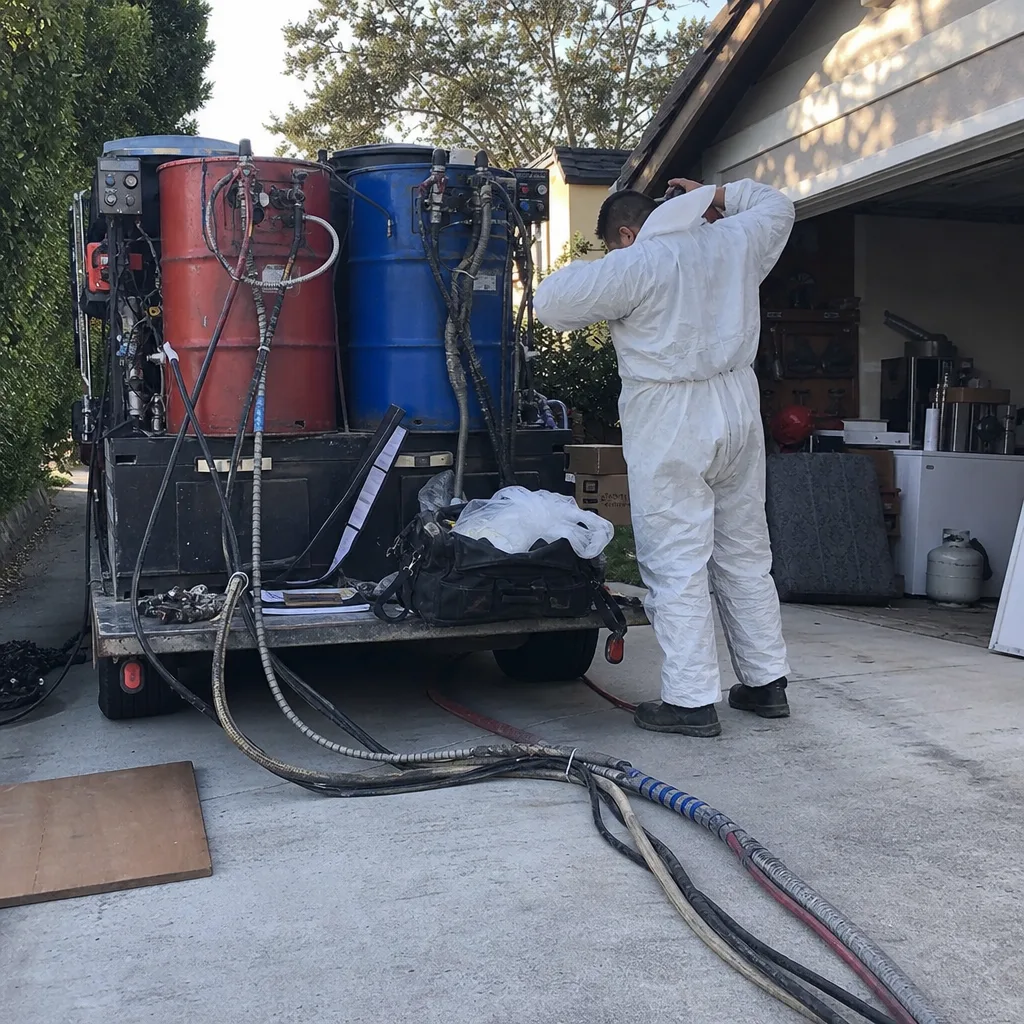 Technician preparing spray foam insulation equipment on a job site.